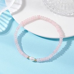 Розовый Кварц Браслеты из натуральных бусин розового кварца и культивированного пресноводного жемчуга для женщин, рондель, с 304 из нержавеющей стали круглых бусин, золотые, бусины : 5x3 мм, внутренний диаметр: 2.17 дюйм (5.5 см)