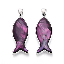 Фиолетовый Подвески из сплава и окрашенных натуральных раковин морского ушка, рыбы прелести, платина, фиолетовые, 42.5~43x14.5~15x4.5~5 мм, отверстие : 6x3.5 мм