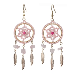 Pink 304 Stainless Steel with Glass Dangle with Natural Agate Stud Earring, Feather, Pink, 84x30mm