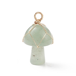 Green Aventurine Natural Green Aventurine Pendants, Mushroom Charm, with Light Gold Tone Eco-Friendly Copper Wire Wrapped, 27.5x16mm, Hole: 3mm