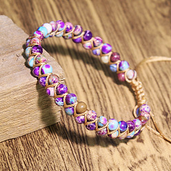 Имперская яшма Браслеты из круглых бусин из натуральной окрашенной императорской яшмы с плетением, 6-1/4 дюйм (16 см)