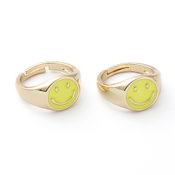 Green Yellow Adjustable Brass Enamel Finger Rings, Long-Lasting Plated, Smiling Face, Real 18K Gold Plated, Green Yellow, US Size 7 1/4(17.5mm)