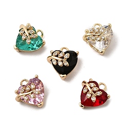(52) Непрозрачная лаванда Латунные микро проложить кубического циркония подвески, сердце с подвесками в виде листьев, со стеклом, долговечный, золотые, разноцветные, 12.5x10.5x8 мм, отверстие : 1.4 мм