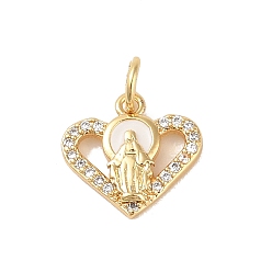 Сердце Латунные микропаве прозрачные подвески с фианитом, без кадмия, без никеля и без свинца, с эмалью и кольцом для прыжков, реальный 18 k позолоченный, сердце, 12x12.5x2 мм, отверстие : 3 мм