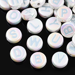 Light Blue UV Plating Enamel Acrylic Beads, Iridescent, Mixed Letter, Flat Round, Light Blue, 15x7mm, Hole: 2.2mm