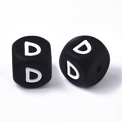 Letter D Пищевые экологически чистые силиконовые бусины, горизонтальное отверстие, кубические, чёрные, letter.d, 12x12x12 мм, отверстие : 2 мм