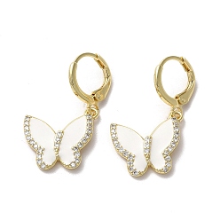 WhiteSmoke Butterfly Golden Brass Dangle Leverback Earrings, with Cubic Zirconia and Enamel, WhiteSmoke, 30x17.5mm