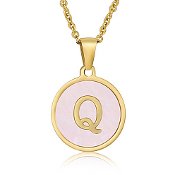 Letter Q Natural Shell Initial Letter Pendant Necklace, with Golden Stainless Steel Cable Chains, Letter Q, 17.72 inch(45cm)
