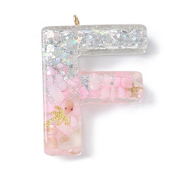 Letter F Подвески из смолы, с ракушкой, пайетками и петлей из сплава глодена, буква а~б, Буква F, 42~44x11.5~57x7.5~8.5 мм, отверстие : 2 мм