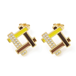 Sienna Hollow Rhombus Golden Brass Stud Earrings, with Enamel and Cubic Zirconia, Sienna, 16x15.5mm