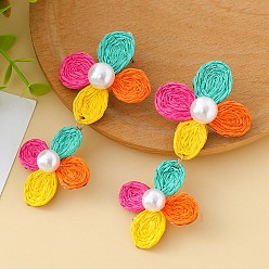 Разноцветный Серьги-гвоздики с цветочной латунной фурнитурой из рафии, золотые, с имитацией жемчуга, красочный, 88 мм