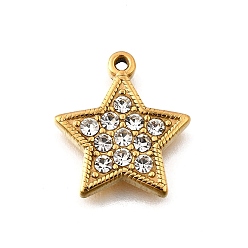 Кристалл 304 подвески-шармы из нержавеющей стали с микро-паве из стразов, ионное покрытие (ip), реальный 18 k позолоченный, звезда, кристалл, 17x15x2.5 мм, отверстие : 1 мм