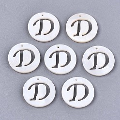 Letter D Natural Freshwater Shell Charms, Flat Round with Hollow Out Letter, Letter.D, 14.5x1.5mm, Hole: 0.9mm