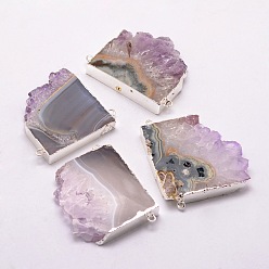 Amethyst Natural Amethyst Pendants, Nuggets, with Silver Plated Brass Finding, 35~40x40~45x7~9mm, Hole: 2mm