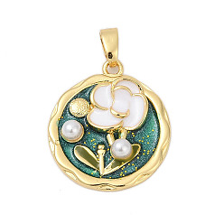 Плоский Круглый Латунь эмаль подвески, с имитацией жемчуга, стойки покрытие, прочное покрытие, без кадмия и без свинца, плоско-круглые, 20x18x4 мм, отверстие : 3x2.5 мм