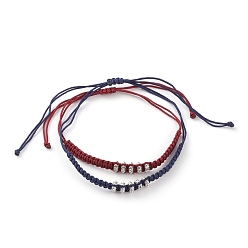 Mixed Color Couple Bracelets Sets, Adjustable Nylon Thread Braided Bead Bracelets, with Antique Silver Plated Alloy Spacer Breads, Flat Round, Mixed Color, Inner Diameter: 1~3-1/2 inch(2.6~9cm), 2pcs/set