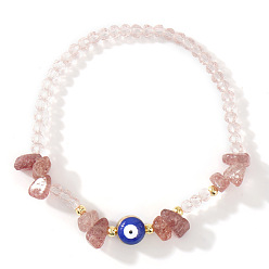 Клубничный Кварц Браслеты из натурального клубничного кварца, латуни, украшенные оберегом от сглаза и стеклянными бусинами, для повседневного ношения., 6.89 дюйм (17.5 см)