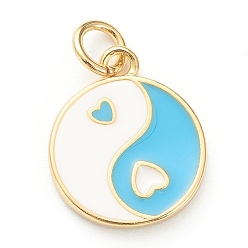 Светло-Синий Латунь эмаль подвески, долговечный, реальный 18 k позолоченный, плоско-круглые с сердцем, голубой, 14x11.5x2 мм, отверстие : 3 мм
