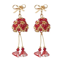 Красный Серьги-гвоздики с рождественским колокольчиком из латуни и стекла, со стеклянными жемчужными бусинами и кубическими цирконами, золотые, красные, 54~56x19 мм