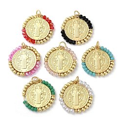 Настоящее золото 18K Стойки обшивки латунные подвески, со стеклянным и пластиковым искусственным жемчугом, без кадмия и без свинца, долговечный, плоские круглые с святым Бенедиктом, реальный 18 k позолоченный, 25.5x3 мм, отверстие : 4.3 мм