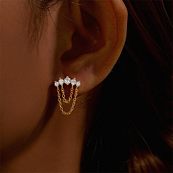 Золотой Луна 925 серьги-хрящи из стерлингового серебра с микропаве из прозрачных кубических цирконий с цепочками-кисточками, золотые, 18x16 мм, Длина стержня: 8мм, штифты : 1.2 мм