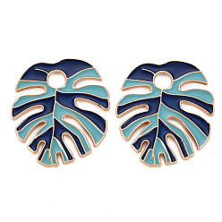 Темно-бирюзовый Стойки обшивки сплава эмали подвески, без кадмия, без никеля и без свинца, лист монстры, золотой свет, темные бирюзовый, 33.5x30x1.5 мм, отверстие : 5 мм