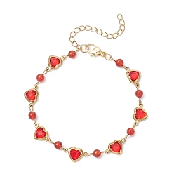 Красный Браслеты с подвесками в форме сердца из нержавеющей стали и стекла, 304 браслеты-цепочки из нержавеющей стали для женщин, красные, 7-1/8 дюйм (18.2 см)