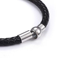Black Men's Braided Leather Cord Bracelets, with Natural Howlite and Black Agate(Dyed), Brass and Stainless Steel Findings, Black, 8-1/2 inch(21.5cm), 6mm