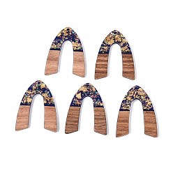 Темно-Синий Подвески из непрозрачной смолы и орехового дерева, арочные прелести, с блестящей пудрой и золотой фольгой, темно-синий, 38x28.5x3 мм, отверстие : 2 мм