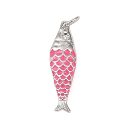 Темно-Розовый Латунь эмаль подвески, рыба, без кадмия и без свинца, стойки покрытие, долговечный, с целью перехода в кольце, платина, темно-розовыми, 25x7x4 мм, отверстие : 3 мм