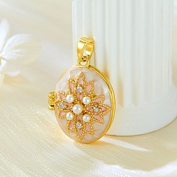 Золотой Латунные подвески с микропаве из прозрачного кубического циркония, с эмалью, овальные с цветком, золотые, 22x17x9.5 мм, отверстие : 5x2 мм, внутренний диаметр: 17x12 мм