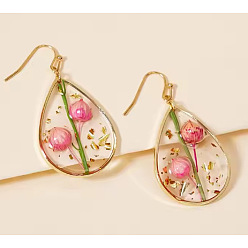 Ярко-Розовый Серьги-подвески из сплава смолы в форме капли, с сухих цветов, золотые, ярко-розовый, 40x18 мм