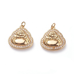 Golden Brass Micro Pave Cubic Zirconia Pendants, with Soldered Jump Rings, Buddha, Clear, Golden, 15.5x15x3mm, Hole: 2.2mm