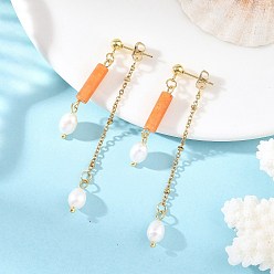 Aventurine Rouge 304 boucles d'oreille en acier inoxydable, colonne, Boucles d'oreilles pendantes en aventurine rouge naturelle et perles naturelles pour femmes, or, 63x4.5mm