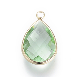 Medium Sea Green Glass Pendants, with Brass Findings, Faceted, Drop, Light Gold, Medium Sea Green, 22x13.5x6mm, Hole: 1.8~2.3mm