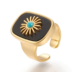 (946F)Морозный цвет внутри  Жонкиль / Непрозрачная зеленая подкладка Кольца-манжеты из натурального окрашенного и нагретого черного агата и бирюзы, открытые кольца, долговечный, прямоугольник с солнцем, реальный 18 k позолоченный, Размер 7, внутренний диаметр: 17 мм
