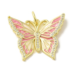 Pink Подвески из латуни-бабочки с эмалью и цирконием микро-паве, без кадмия, без никеля и без свинца, реальный 18 k позолоченный, с целью перехода в кольце, розовые, 22x26.5x3 мм, отверстие : 4.2 мм
