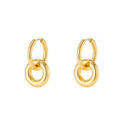 Rondo 304 Pendientes colgantes de aro de acero inoxidable para mujer, real 18 k chapado en oro, rondo, 27x16 mm