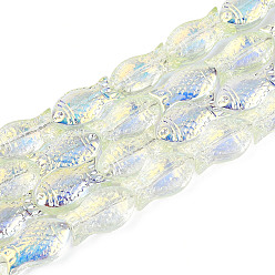 Светло-желтый Прозрачность гальванизированные стеклянные бусины нити, рыба, с покрытием AB цвета, с половиным покрытием, светло-желтый, 15x8.1x5 мм, отверстие : 0.9~1 мм, около 55 шт / нитка, 25.59'' (65 см)