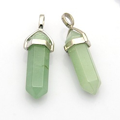 Green Aventurine Natural Bullet Gemstone Double Terminated Pointed Pendants, with Platinum Plated Alloy Findings, 39~41x12~13x10~11mm, Hole: 5x4mm