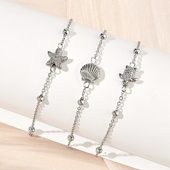 Mixed Shapes Тема морской жизни 304 Браслеты из нержавеющей стали, спутниковые цепи браслеты для женщин, цвет нержавеющей стали, разнообразные, 6.38~6.65 дюйм (16.2~16.9 см)