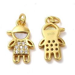 Настоящее золото 18K 925 серебро из микрочипов с кубическим цирконием, очарование мальчика, с ракушкой и 925 штампом и кольцом для прыжка, реальный 18 k позолоченный, 13.5x8x2 мм, отверстие : 2 мм