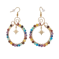 Mixed Stone Brass Star Dangle Earrings, Gemstone Beaded Hoop Earrings, with Ear Nut, Golden, for Women, 68mm, Pin: 0.7mm