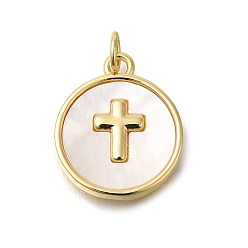 Настоящее золото 16K Латунные микро проложить кубического циркония подвески, с оболочкой, плоские круглые с поперечными прелести, Перейти кольцо, реальный 16 k позолоченный, 17.5x15x2.5 мм