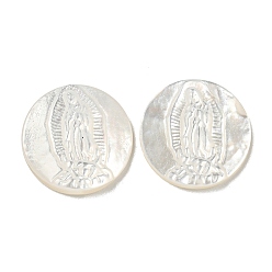 Кремово-белый Резные кабошоны из натуральной белой ракушки, плоско-круглые, кремово-белые, 15x2~3 мм