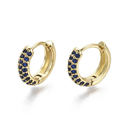 Blue Brass Micro Pave Cubic Zirconia Huggie Hoop Earrings, Real 18K Gold Plated, Nickel Free, Ring, Blue, 13x15.5x4mm, Pin: 0.8mm