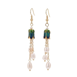 Light Gold Flower Alloy Enamel Dangle Earrings, Natural Pearl Tassel Earrings for Women, Light Gold, 74mm, Pin: 0.9mm