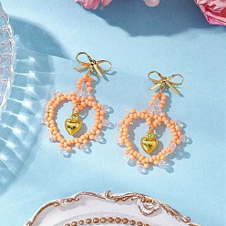 Оранжевый Стеклянные бусины висят серьги, с латунными серьгами, бантом с сердцем, золотые, оранжевые, 41x29 мм