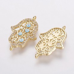 Doré  Micro cuivres ouvrent liens de zircons, hamsa main / main de fatima / main de miriam avec mauvais oeil, or, 27x17x2mm, Trou: 1mm
