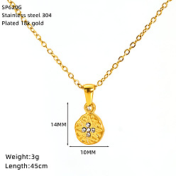 Flat Round 304 Stainless Steel Crystal Rhinestone Pendant Necklaces for Women, Real 18K Gold Plated, Flat Round, 17.72 inch(45cm), Pendant: 14x10mm